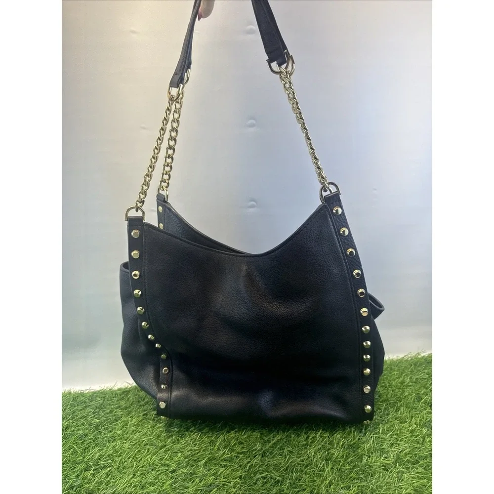 MICHAEL KORS Newbury Black STUDDED Gold Chain BLACK Leather HOBO Bag Tote Purse